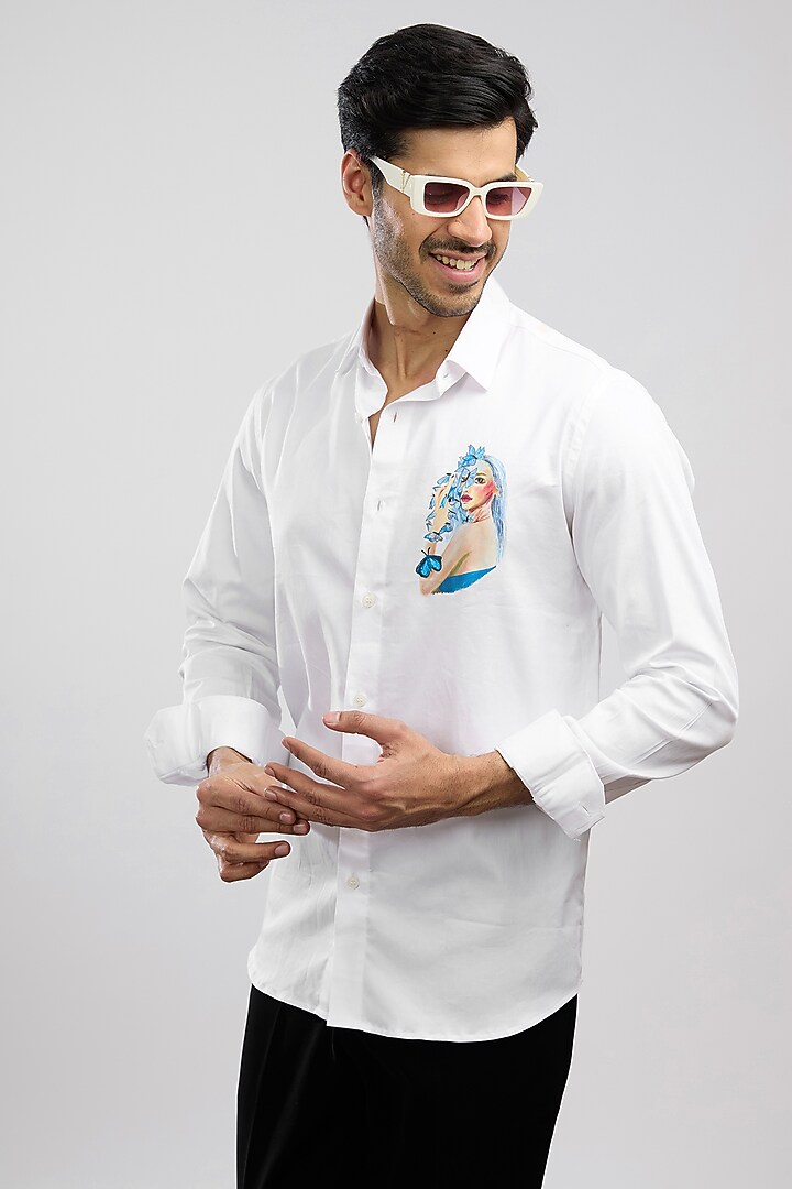 White Giza Cotton Blend Hand Painted Summer Shirt by AVALIPT at Pernia's Pop Up Shop