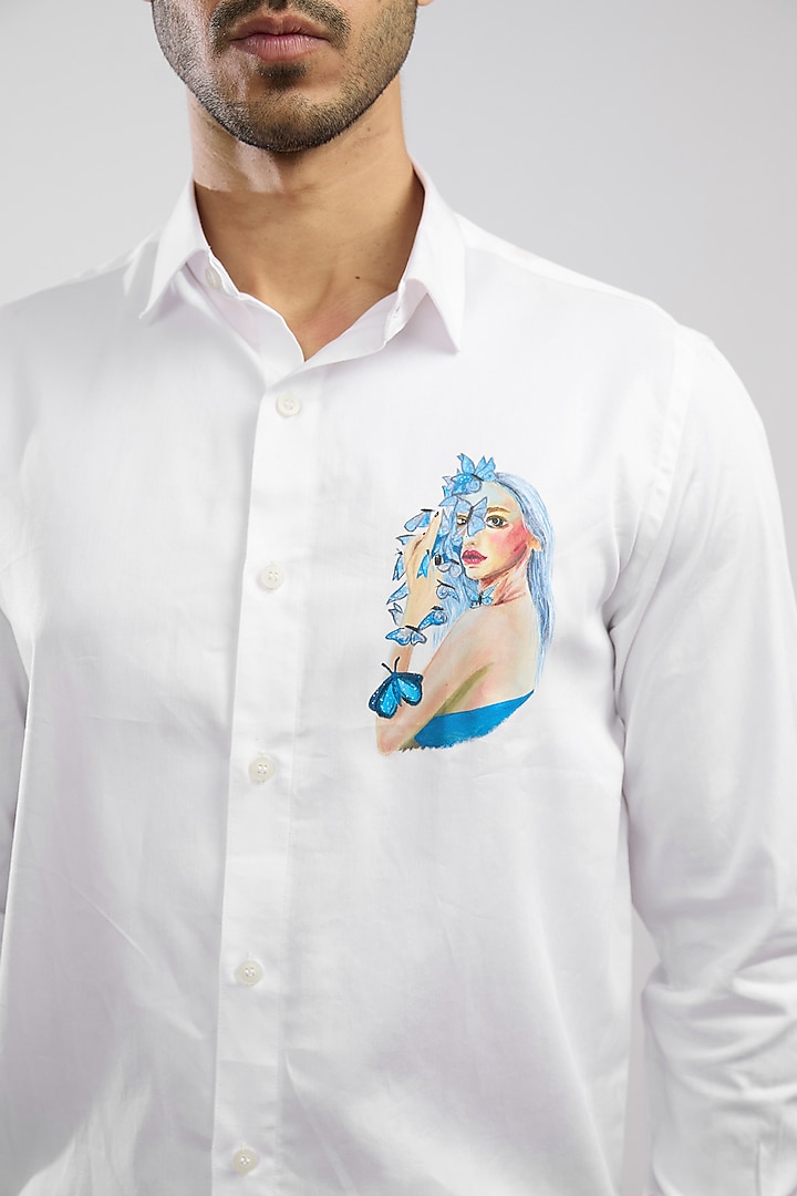 White Giza Cotton Blend Hand Painted Summer Shirt by AVALIPT at Pernia's Pop Up Shop