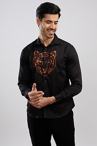 Black Giza Cotton Blend Hand Painted Shirt by AVALIPT
