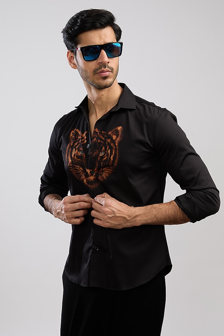 Black Giza Cotton Blend Hand Painted Summer Shirt by AVALIPT at Pernia's Pop Up Shop