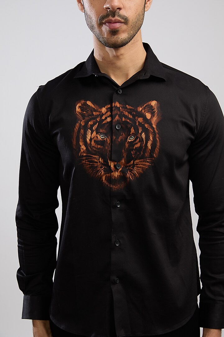 Black Giza Cotton Blend Hand Painted Summer Shirt by AVALIPT at Pernia's Pop Up Shop