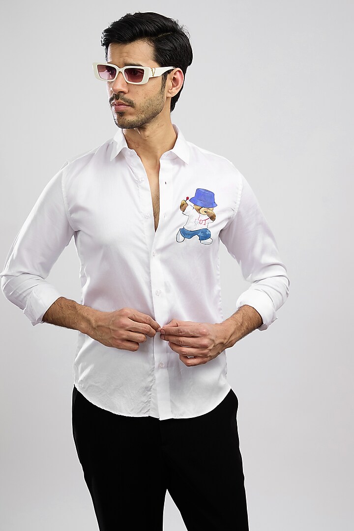 White Giza Cotton Blend Hand Painted Summer Shirt by AVALIPT at Pernia's Pop Up Shop