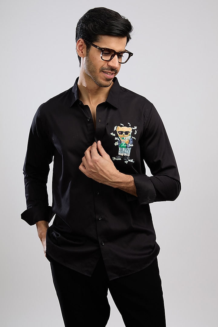 Black Giza Cotton Blend Hand Painted Summer Shirt by AVALIPT at Pernia's Pop Up Shop