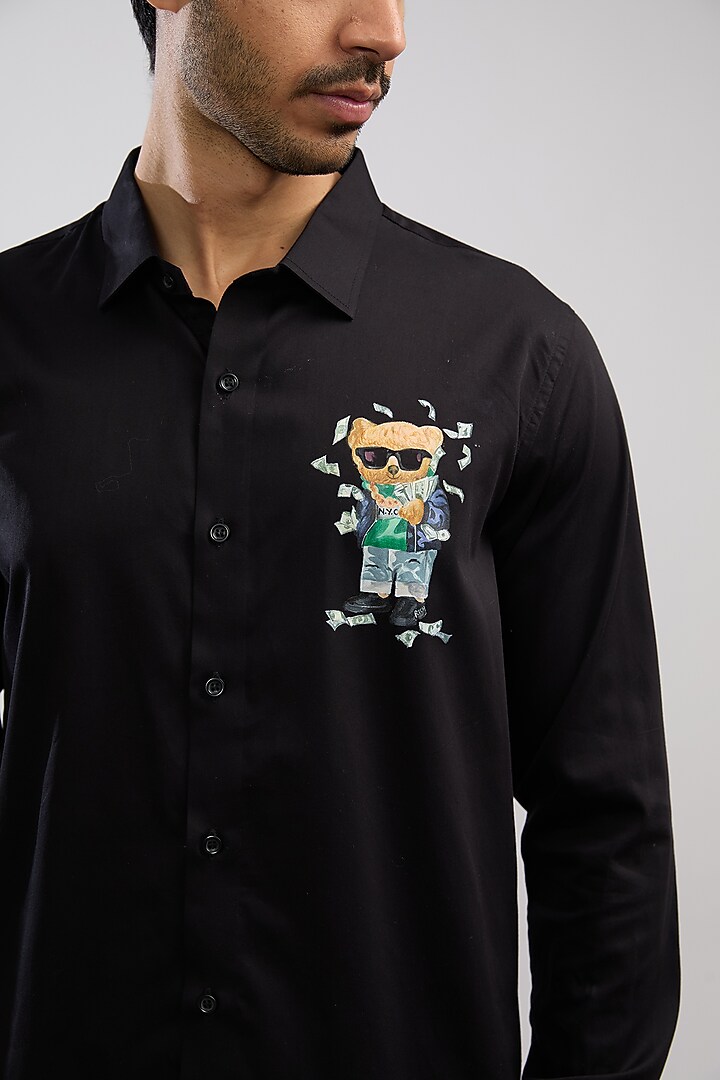Black Giza Cotton Blend Hand Painted Summer Shirt by AVALIPT at Pernia's Pop Up Shop