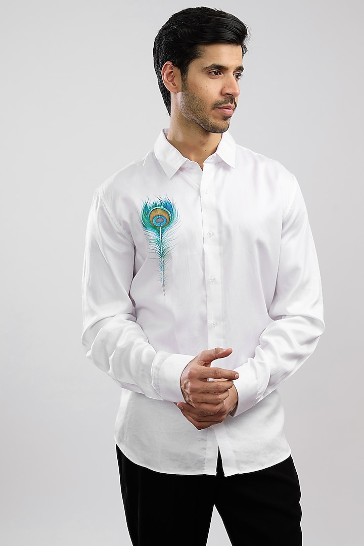 White Giza Cotton Blend Hand Painted Shirt by AVALIPT