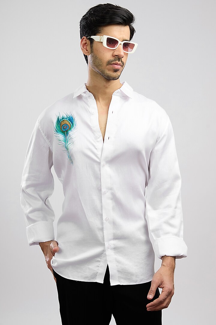 White Giza Cotton Blend Hand Painted Summer Shirt by AVALIPT at Pernia's Pop Up Shop