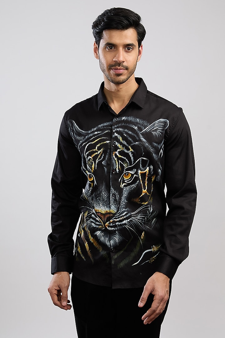 Black Giza Cotton Blend Hand Painted Shirt by AVALIPT