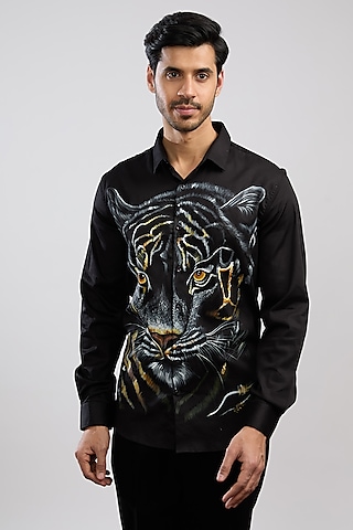 Black Giza Cotton Blend Hand Painted Shirt by AVALIPT