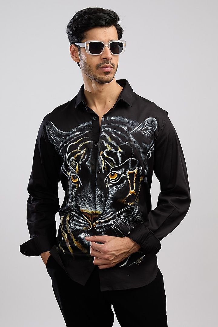 Black Giza Cotton Blend Hand Painted Party Wear Shirt by AVALIPT at Pernia's Pop Up Shop
