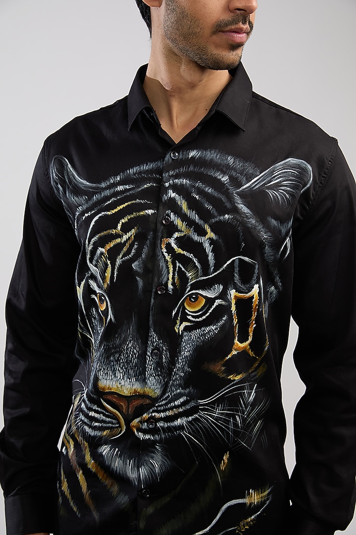 Black Giza Cotton Blend Hand Painted Party Wear Shirt by AVALIPT at Pernia's Pop Up Shop