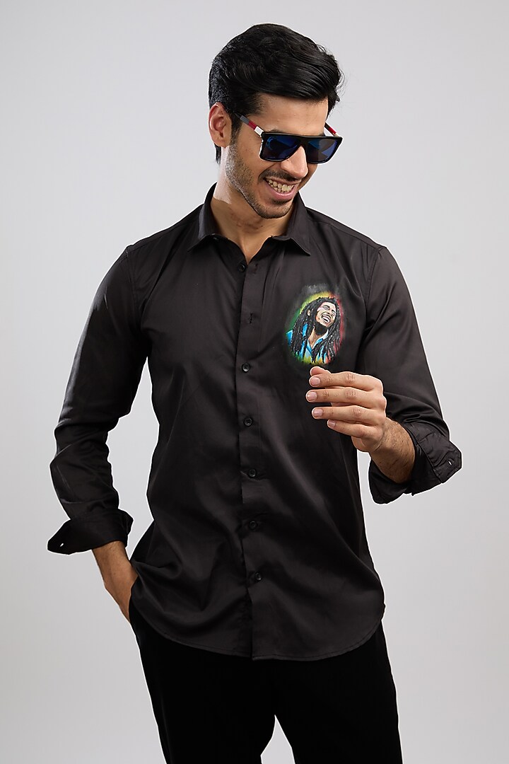 Black Giza Cotton Blend Hand Painted Party Wear Shirt by AVALIPT at Pernia's Pop Up Shop
