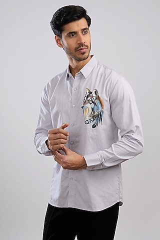 Grey Giza Cotton Blend Hand Painted Shirt by AVALIPT