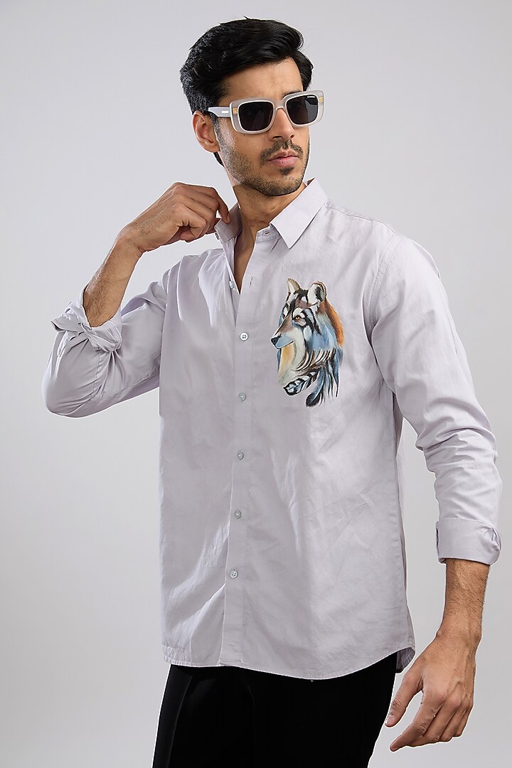 Grey Giza Cotton Blend Hand Painted Party Wear Shirt by AVALIPT at Pernia's Pop Up Shop