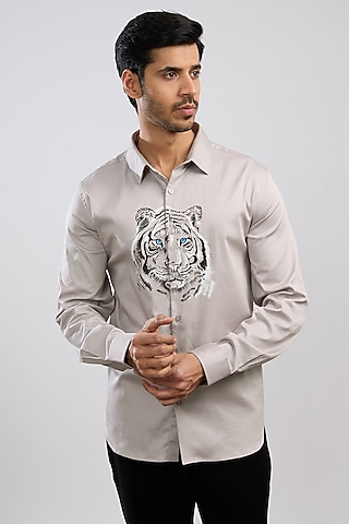 Grey Giza Cotton Blend Hand Painted Shirt by AVALIPT