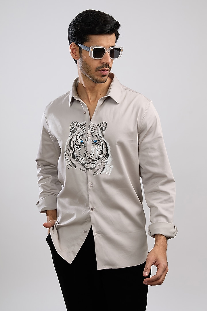 Grey Giza Cotton Blend Hand Painted Summer Shirt by AVALIPT at Pernia's Pop Up Shop