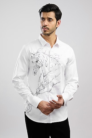 White Giza Cotton Blend Hand Painted Shirt by AVALIPT