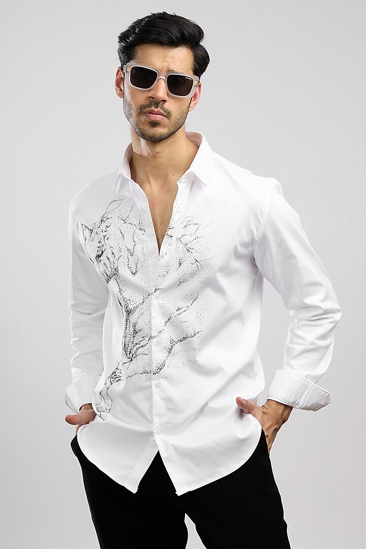 White Giza Cotton Blend Hand Painted Party Wear Shirt by AVALIPT at Pernia's Pop Up Shop