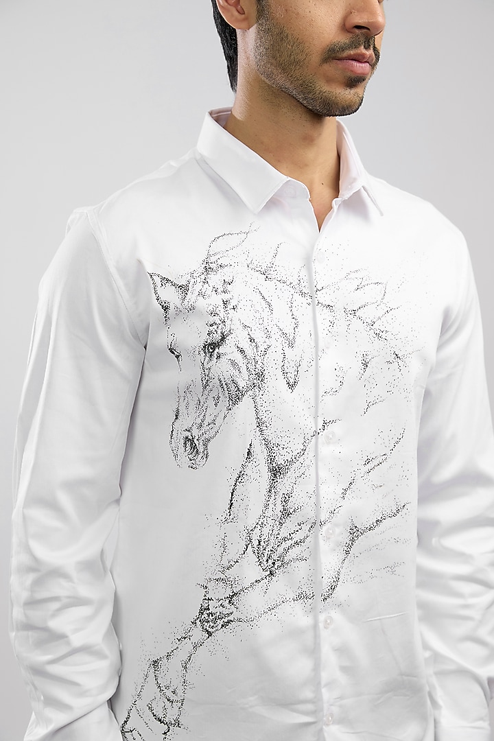 White Giza Cotton Blend Hand Painted Party Wear Shirt by AVALIPT at Pernia's Pop Up Shop