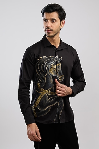 Black Giza Cotton Blend Hand Painted Shirt by AVALIPT