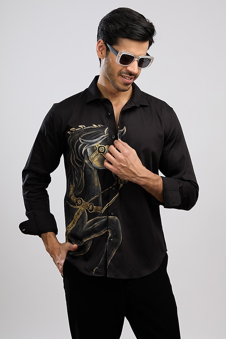 Black Giza Cotton Blend Hand Painted Party Wear Shirt by AVALIPT at Pernia's Pop Up Shop