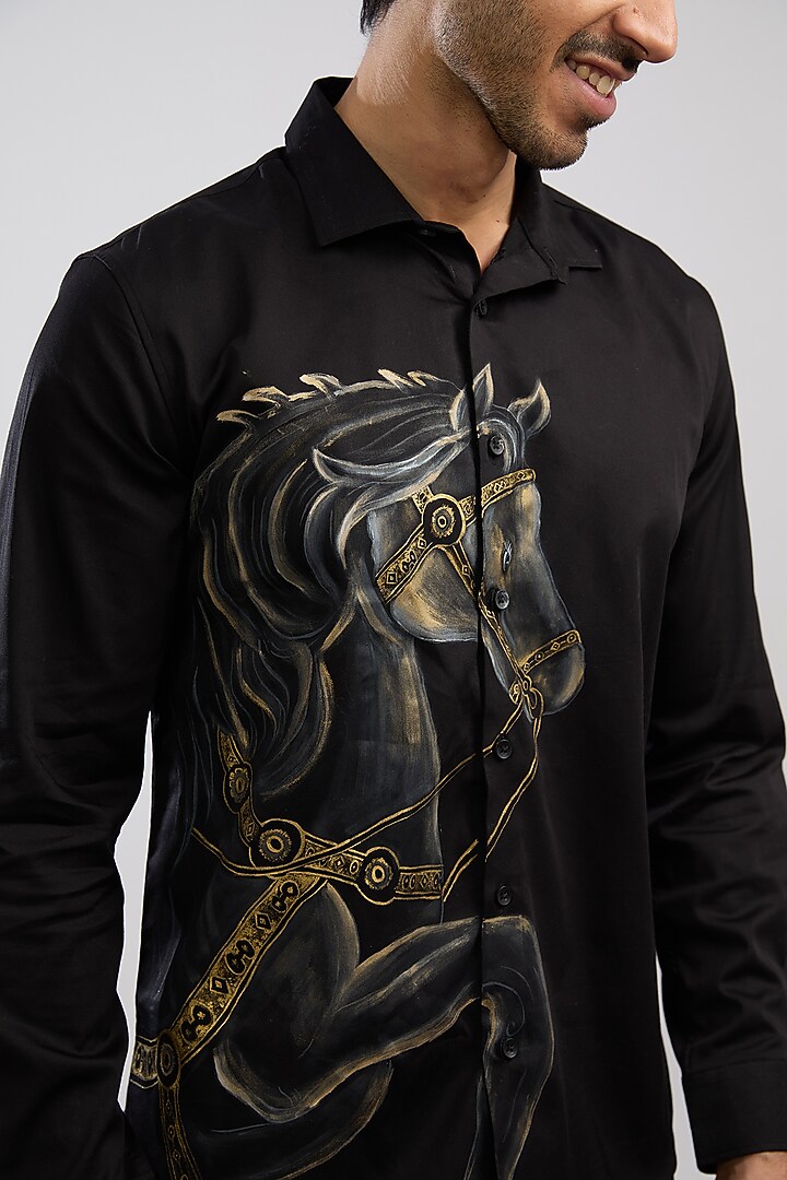 Black Giza Cotton Blend Hand Painted Party Wear Shirt by AVALIPT at Pernia's Pop Up Shop