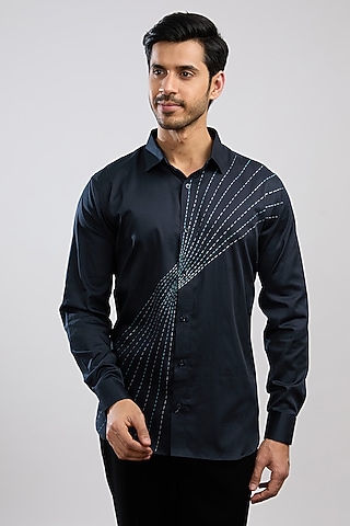 Navy Blue Giza Cotton Blend Hand Painted Shirt by AVALIPT