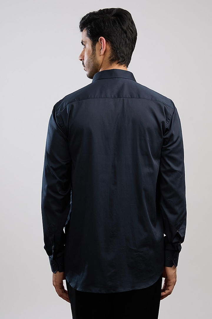 Navy Blue Giza Cotton Blend Hand Painted Summer Shirt by AVALIPT at Pernia's Pop Up Shop