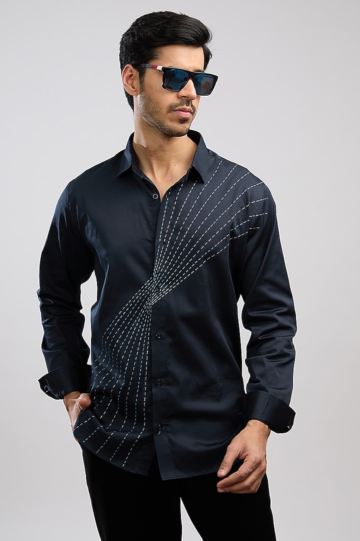 Navy Blue Giza Cotton Blend Hand Painted Summer Shirt by AVALIPT at Pernia's Pop Up Shop