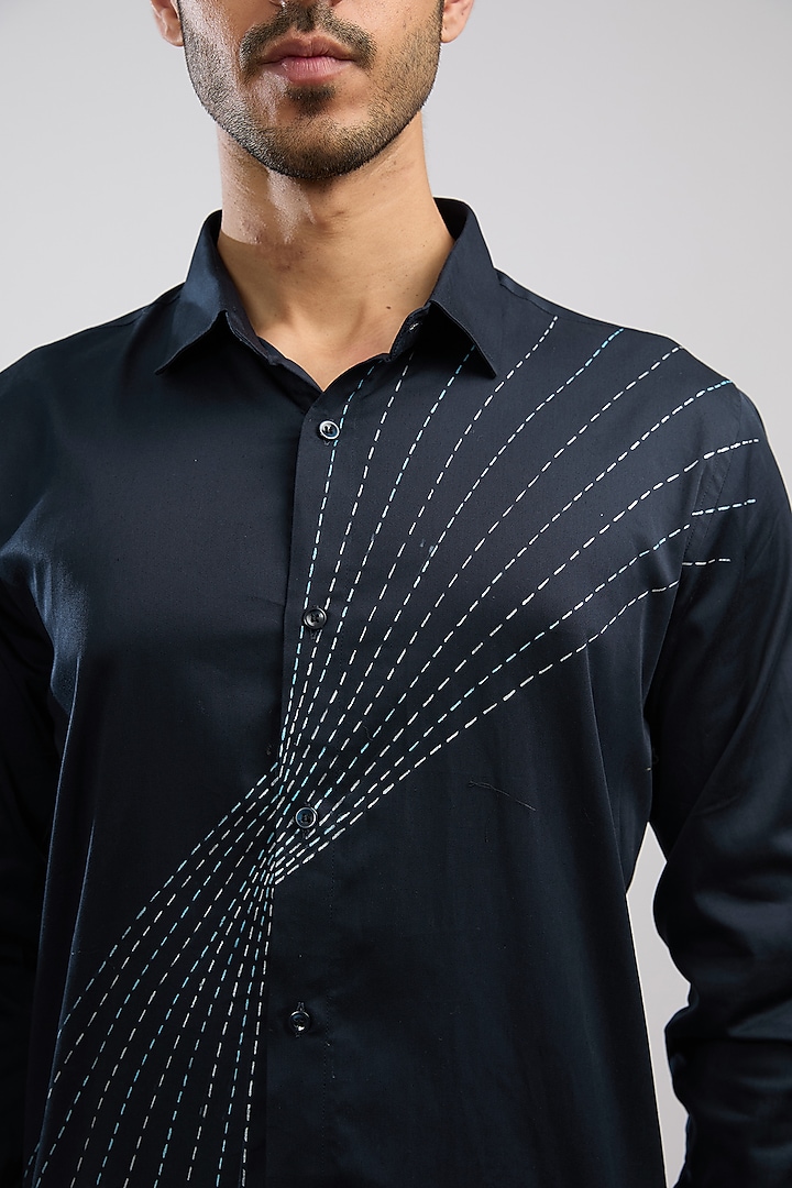 Navy Blue Giza Cotton Blend Hand Painted Summer Shirt by AVALIPT at Pernia's Pop Up Shop