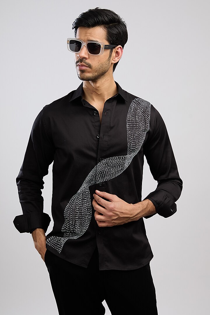 Black Giza Cotton Blend Hand Painted Party Wear Shirt by AVALIPT at Pernia's Pop Up Shop