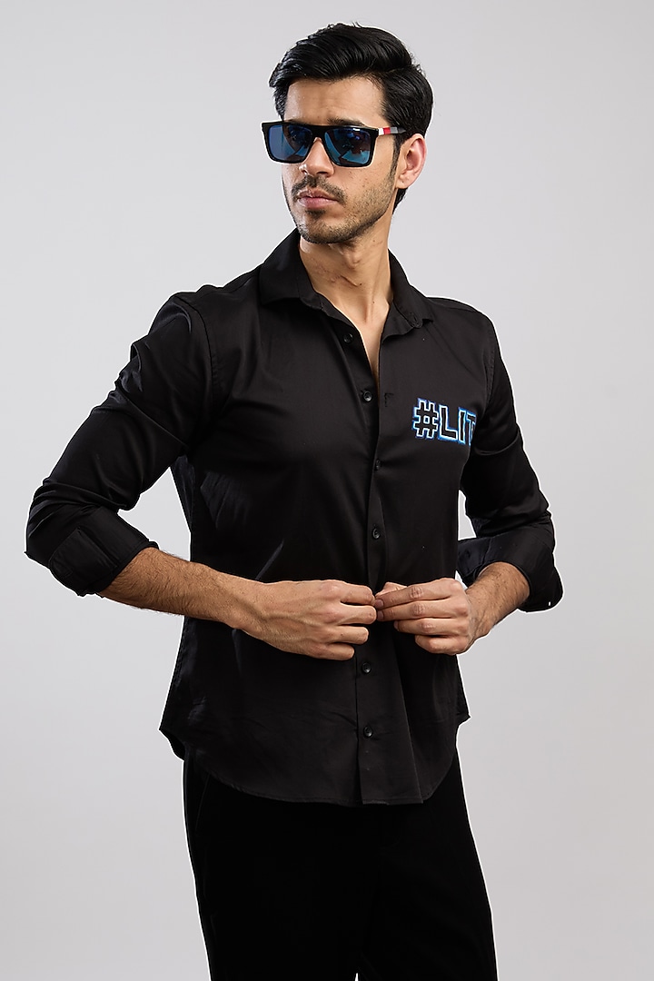 Black Giza Cotton Blend Hand Painted Party Wear Shirt by AVALIPT at Pernia's Pop Up Shop