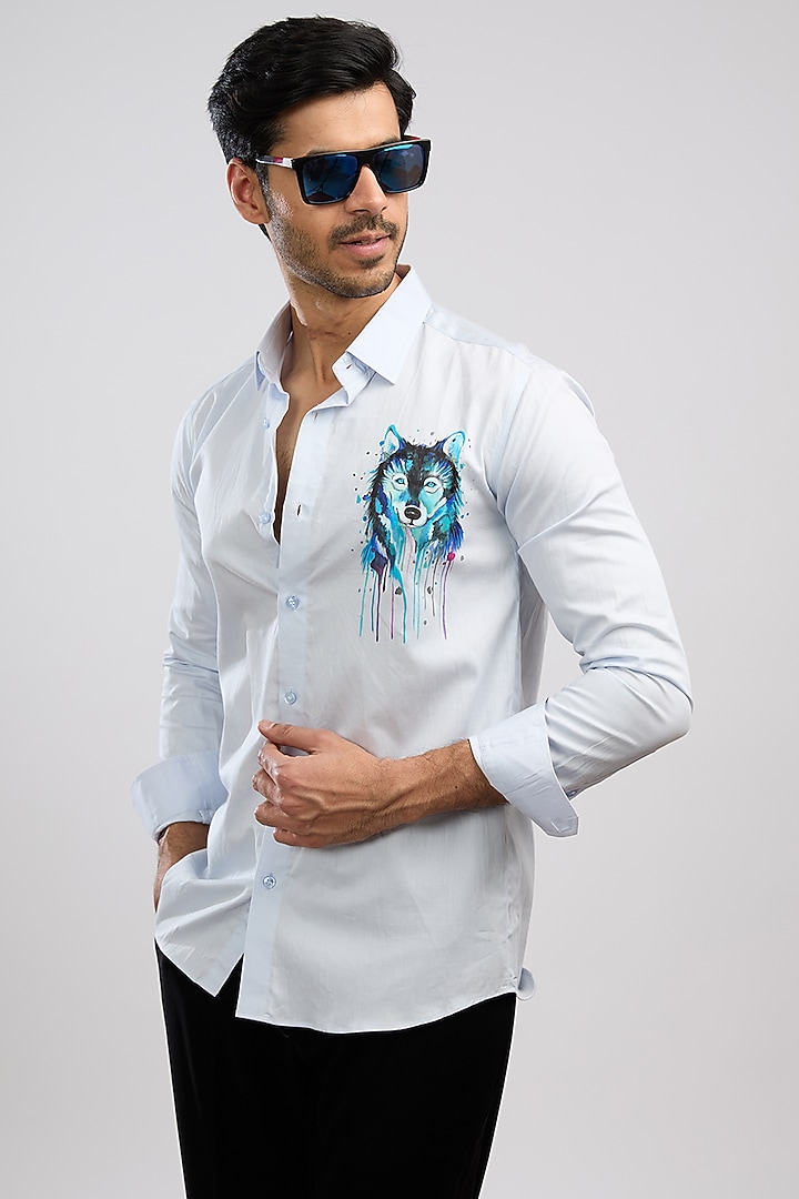 Light Blue Giza Cotton Blend Hand Painted Summer Shirt by AVALIPT at Pernia's Pop Up Shop
