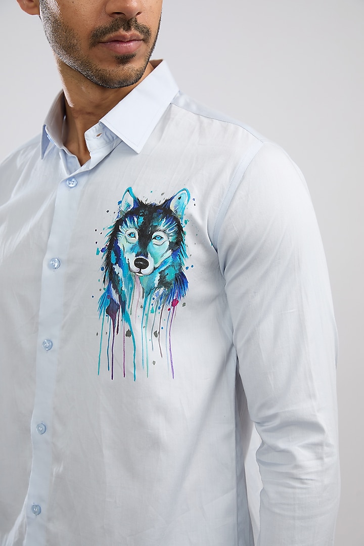 Light Blue Giza Cotton Blend Hand Painted Summer Shirt by AVALIPT at Pernia's Pop Up Shop
