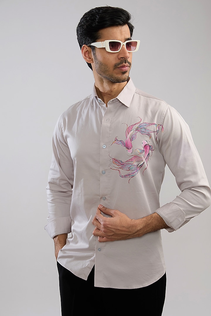 Grey Giza Cotton Blend Hand Painted Summer Shirt by AVALIPT at Pernia's Pop Up Shop