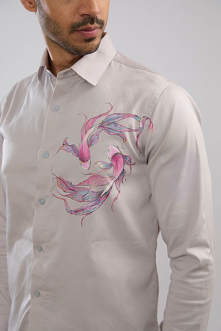 Grey Giza Cotton Blend Hand Painted Summer Shirt by AVALIPT at Pernia's Pop Up Shop