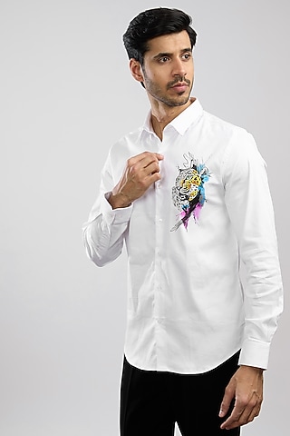 White Giza Cotton Blend Hand Painted Shirt by AVALIPT