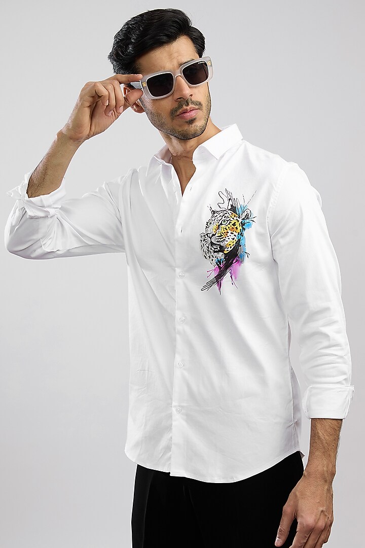 White Giza Cotton Blend Hand Painted Party Wear Shirt by AVALIPT at Pernia's Pop Up Shop