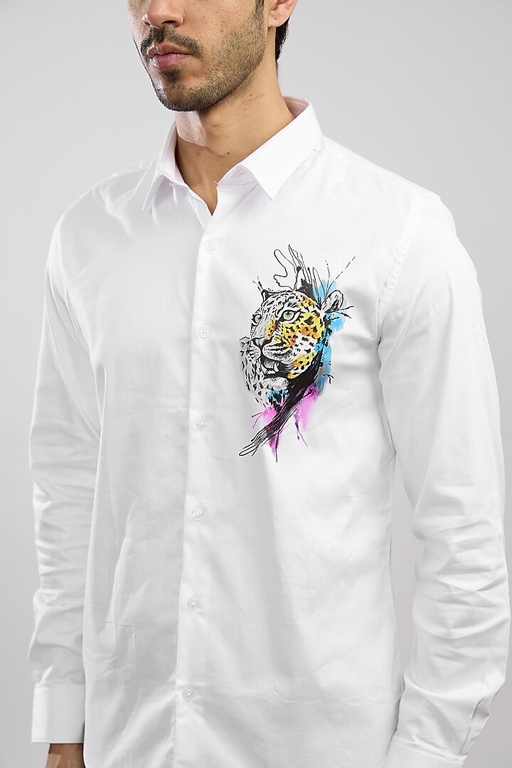 White Giza Cotton Blend Hand Painted Party Wear Shirt by AVALIPT at Pernia's Pop Up Shop