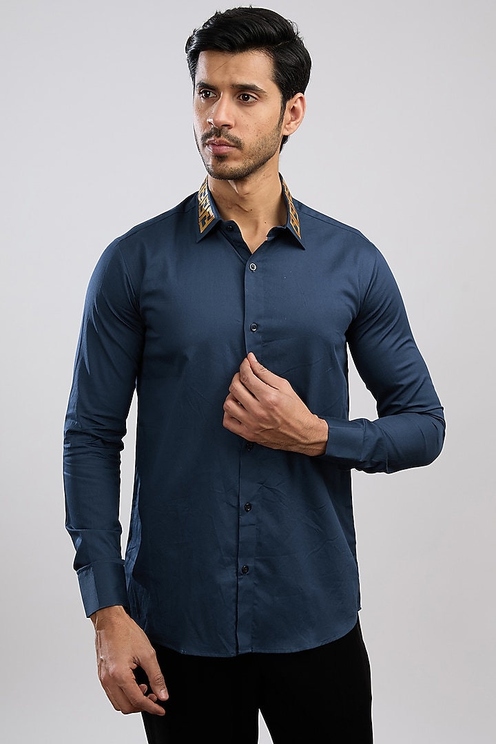 Navy Blue Giza Cotton Blend Hand Painted Shirt by AVALIPT