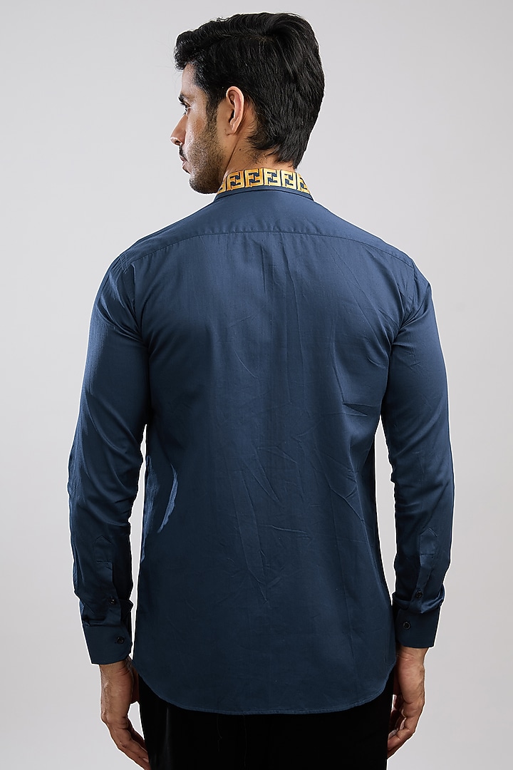 Navy Blue Giza Cotton Blend Hand Painted Summer Shirt by AVALIPT at Pernia's Pop Up Shop