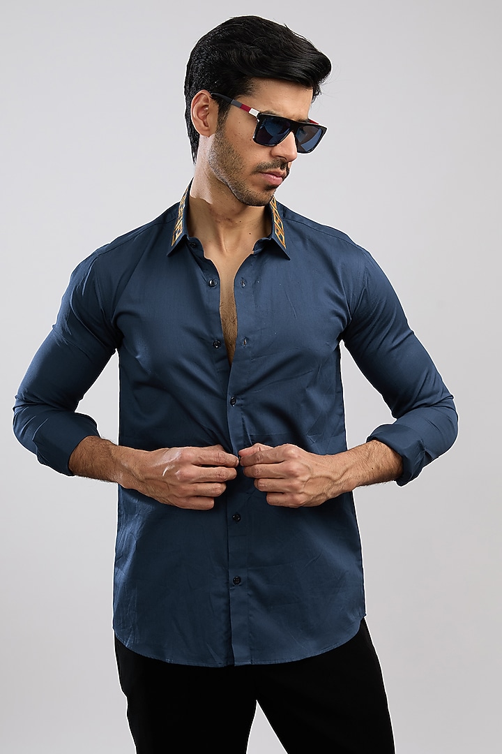Navy Blue Giza Cotton Blend Hand Painted Summer Shirt by AVALIPT at Pernia's Pop Up Shop