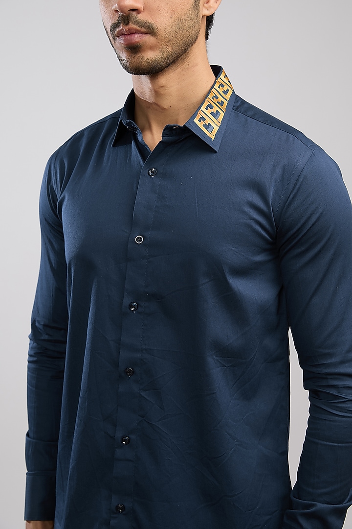 Navy Blue Giza Cotton Blend Hand Painted Summer Shirt by AVALIPT at Pernia's Pop Up Shop