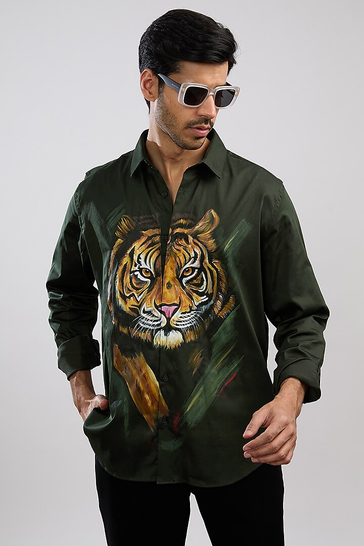 Olive Green Giza Cotton Blend Hand Painted Party Wear Shirt by AVALIPT at Pernia's Pop Up Shop