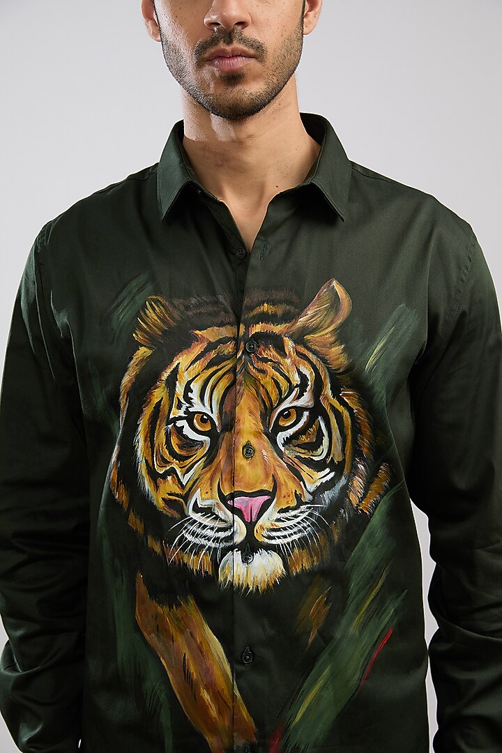Olive Green Giza Cotton Blend Hand Painted Party Wear Shirt by AVALIPT at Pernia's Pop Up Shop