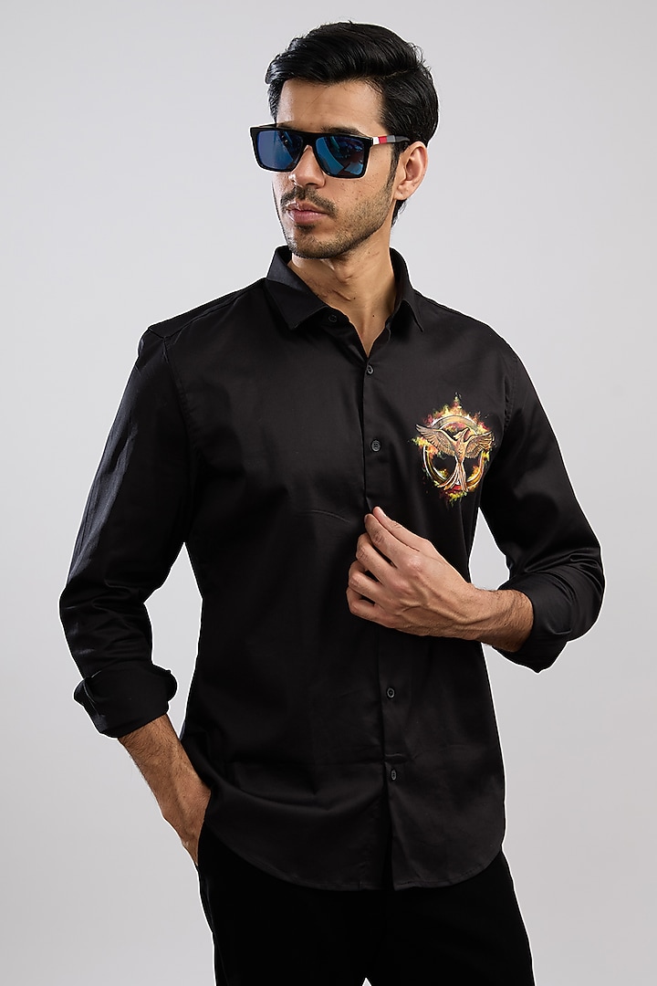 Black Giza Cotton Blend Hand Painted Summer Shirt by AVALIPT at Pernia's Pop Up Shop