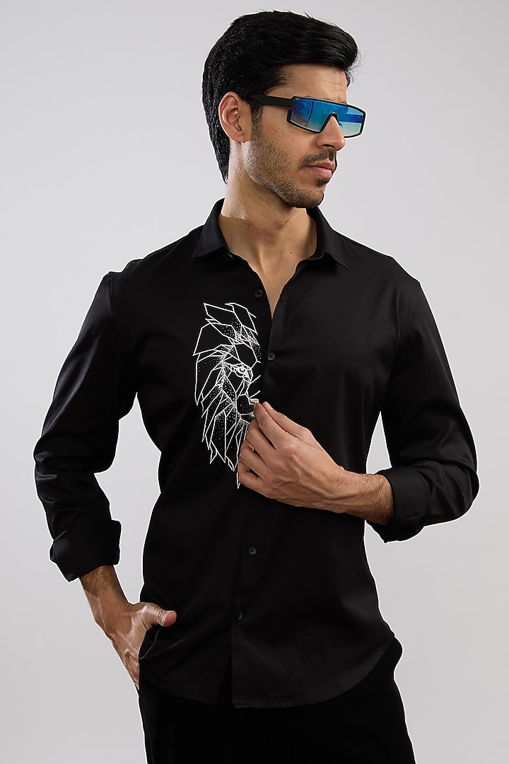 Black Giza Cotton Blend Hand Painted Summer Shirt by AVALIPT at Pernia's Pop Up Shop