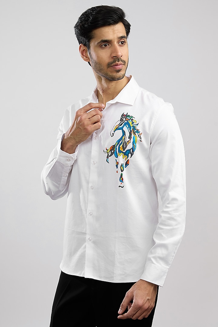 White Giza Cotton Blend Hand Painted Shirt by AVALIPT