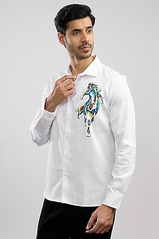 White Giza Cotton Blend Hand Painted Shirt by AVALIPT