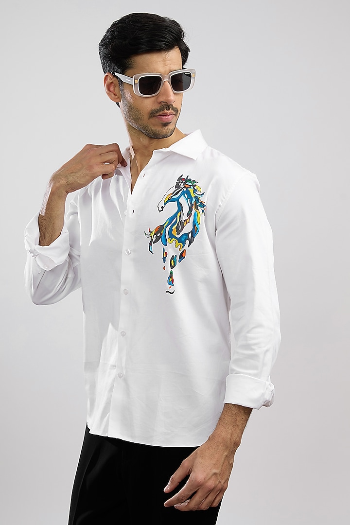 White Giza Cotton Blend Hand Painted Summer Shirt by AVALIPT at Pernia's Pop Up Shop