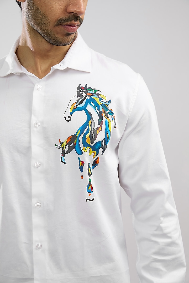 White Giza Cotton Blend Hand Painted Summer Shirt by AVALIPT at Pernia's Pop Up Shop